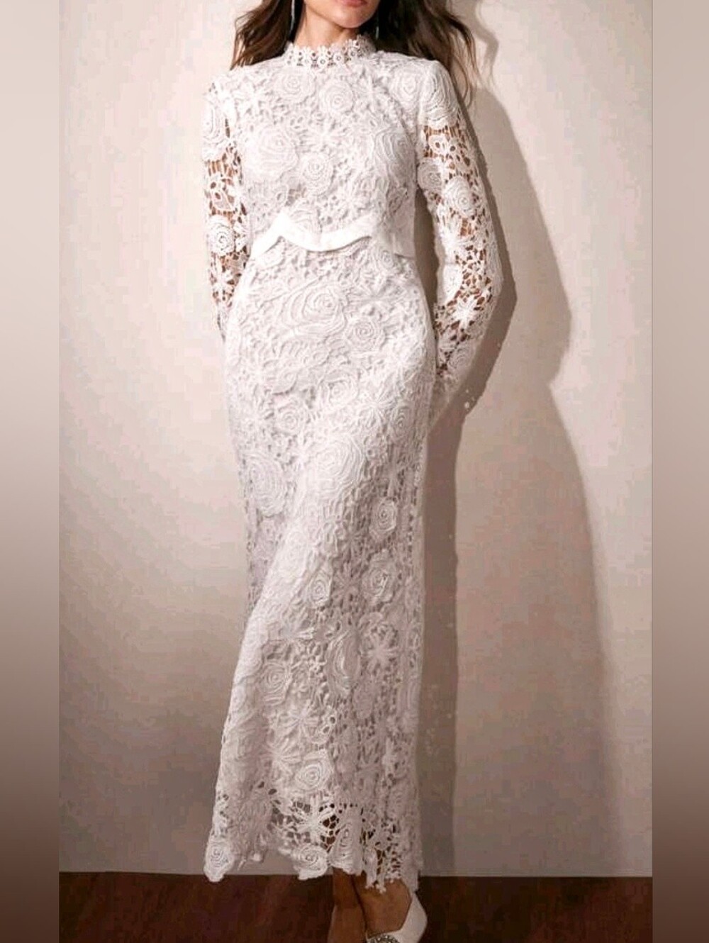 New Floral Embroidered Lace Sheer Mock Neck Scalloped Midi Dress White - Picture 2 of 14